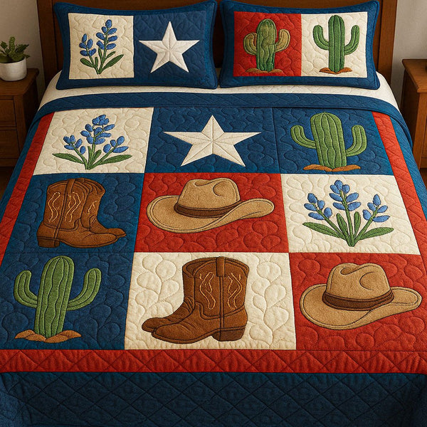 Western Vibe quilted 3-piece bedding set on a made bed in a rustic timber bedroom