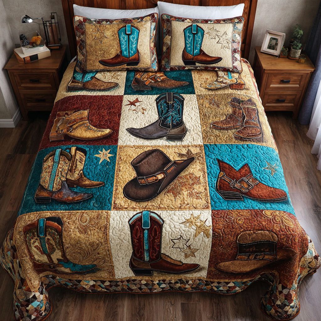 Western Way quilted 3-piece bedding set on a made bed in a rustic timber bedroom