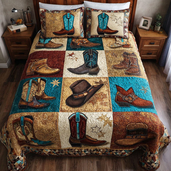 Western Way quilted 3-piece bedding set on a made bed in a rustic timber bedroom