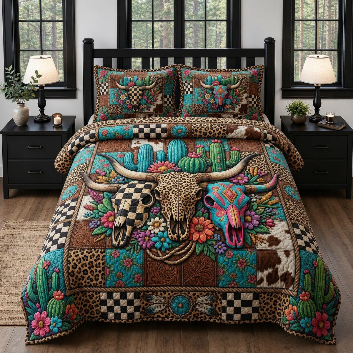 Western Wild quilted 3-piece bedding set on a made bed in a rustic timber bedroom
