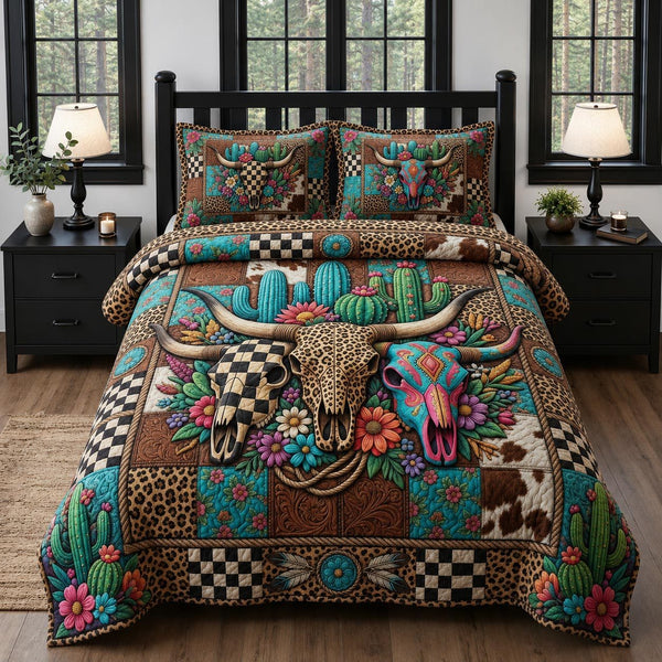 Western Wild quilted 3-piece bedding set on a made bed in a rustic timber bedroom