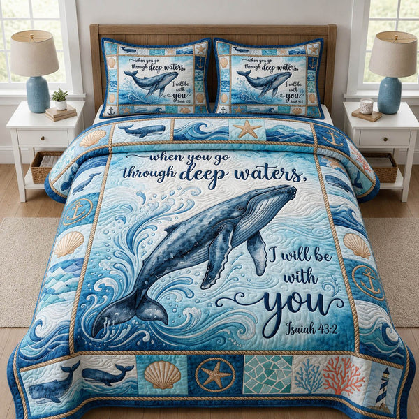Whale Deep Waters quilted 3-piece bedding set on a made bed in a light coastal bedroom