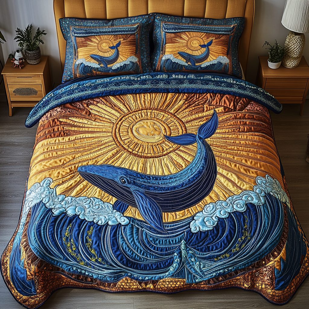 Whale Dream quilted 3-piece bedding set on a made bed in a light coastal bedroom