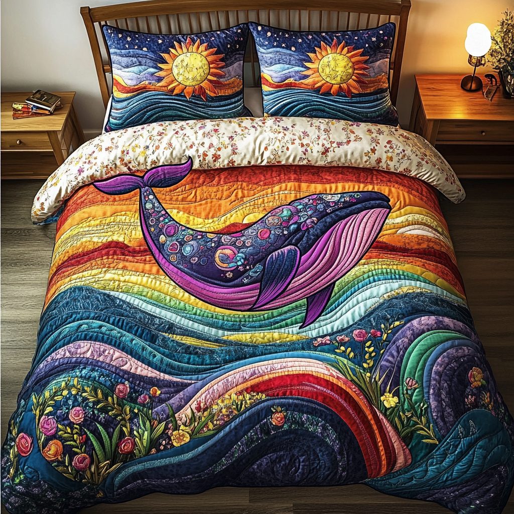 Whale Horizon quilted 3-piece bedding set on a made bed in a light coastal bedroom