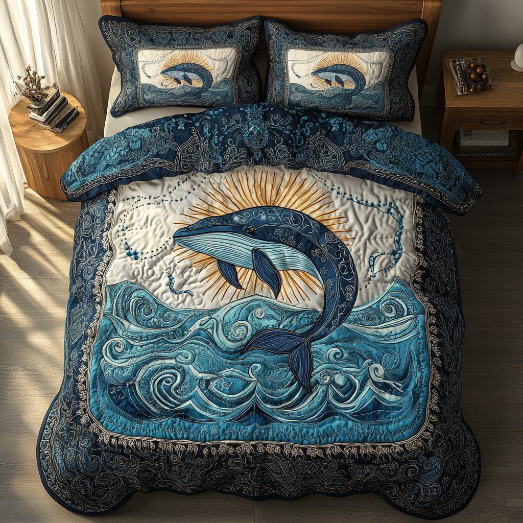 Whale Journey quilted 3-piece bedding set on a made bed in a light coastal bedroom