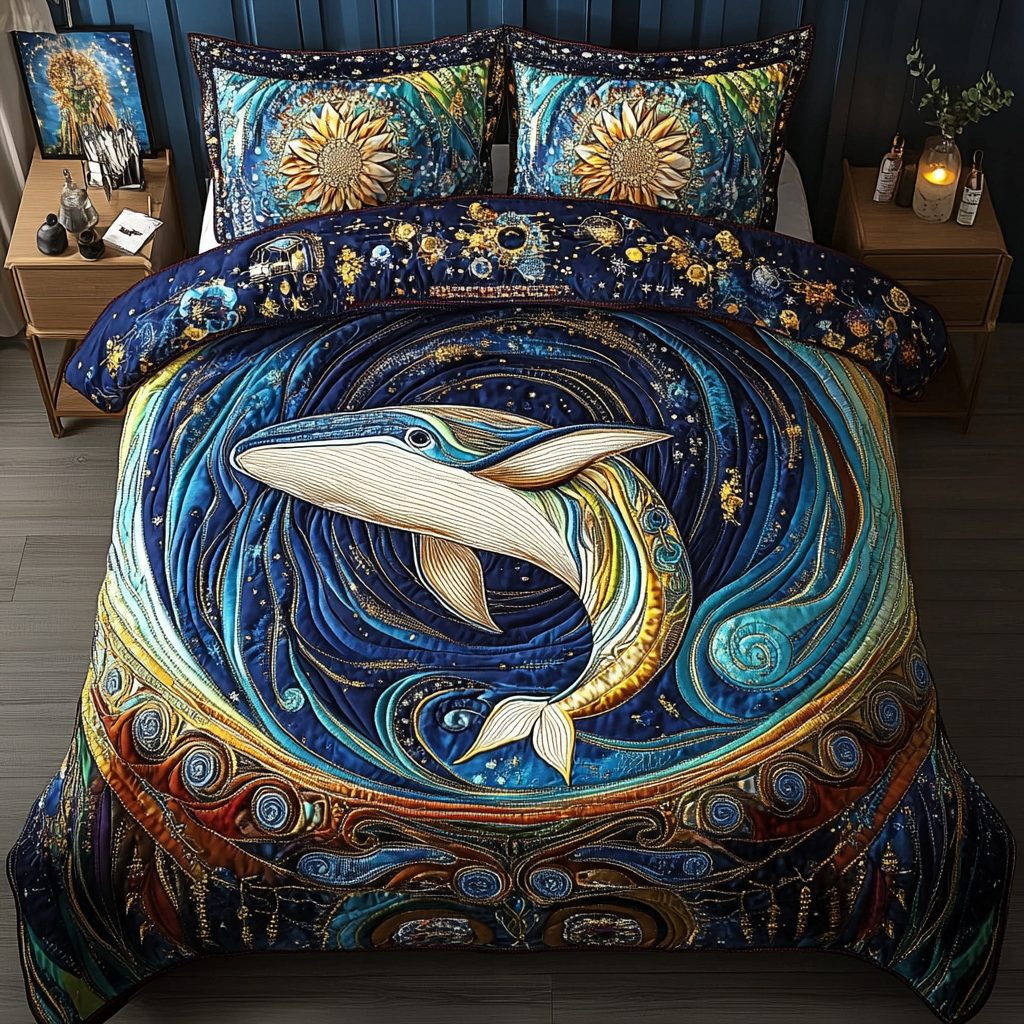 Whale Song quilted 3-piece bedding set on a made bed in a light coastal bedroom