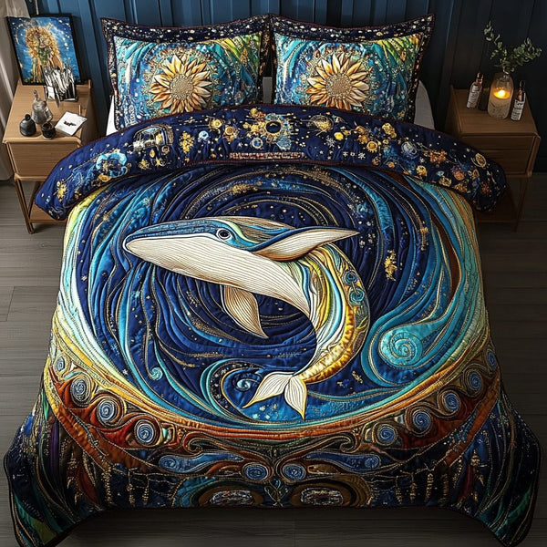 Whale Song quilted 3-piece bedding set on a made bed in a light coastal bedroom