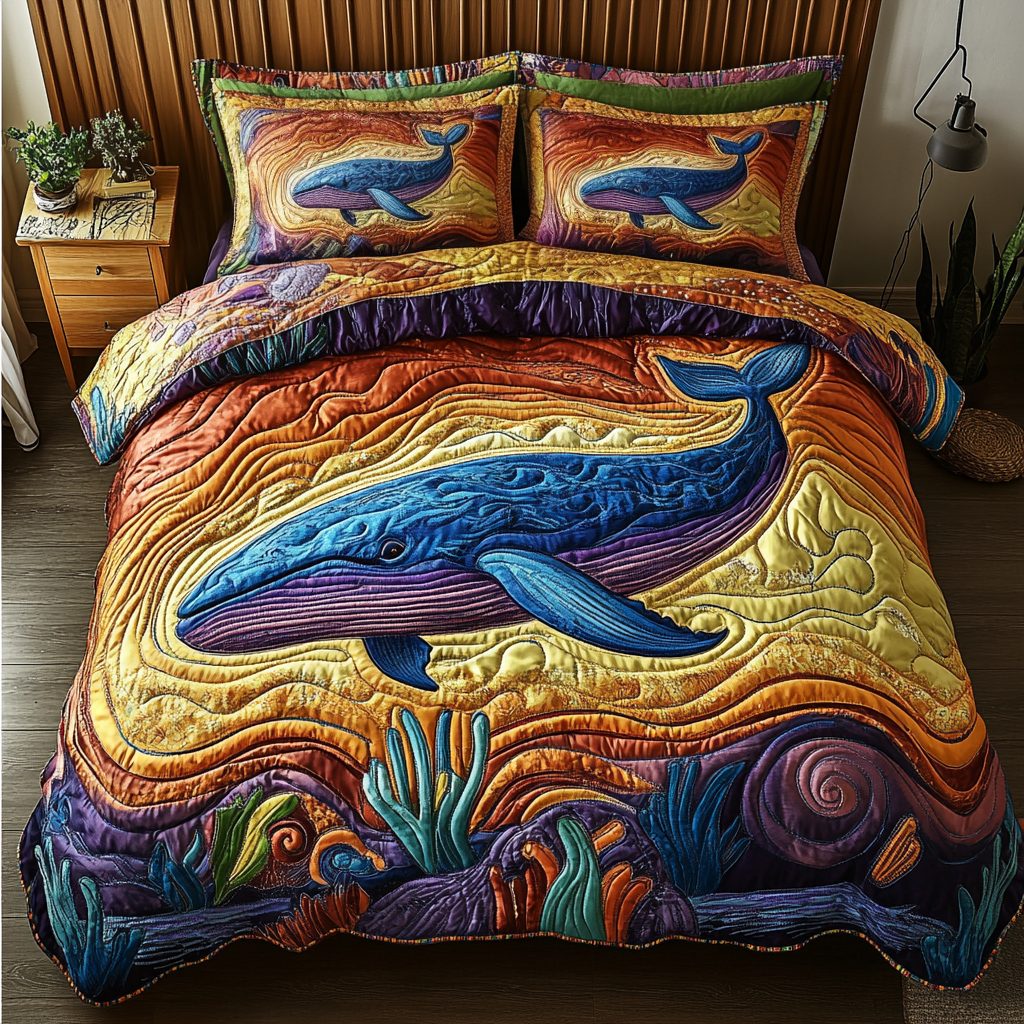 Whale Song quilted 3-piece bedding set on a made bed in a light coastal bedroom