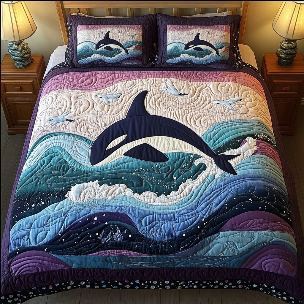 Whale Song quilted 3-piece bedding set on a made bed in a light coastal bedroom