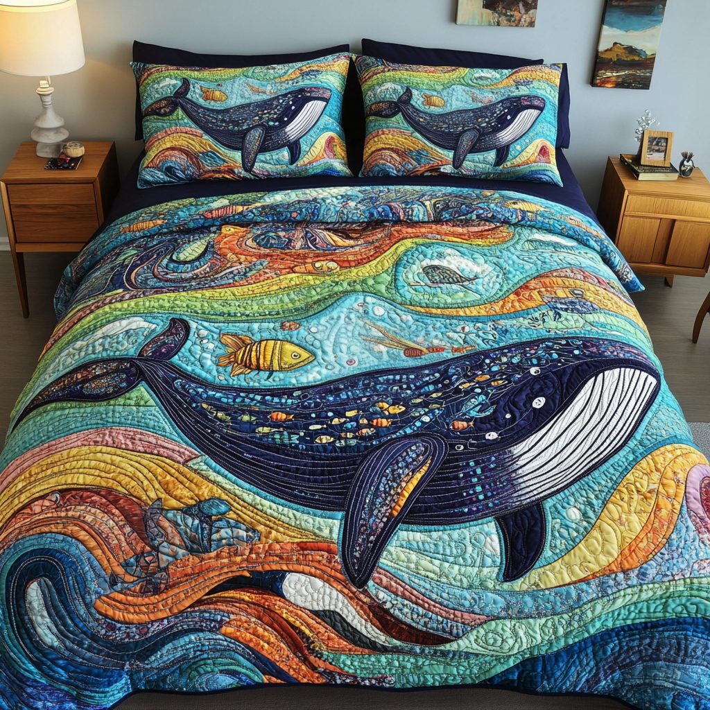 Whale Song quilted 3-piece bedding set on a made bed in a light coastal bedroom