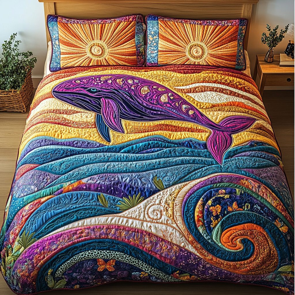 Whale Splash quilted 3-piece bedding set on a made bed in a light coastal bedroom