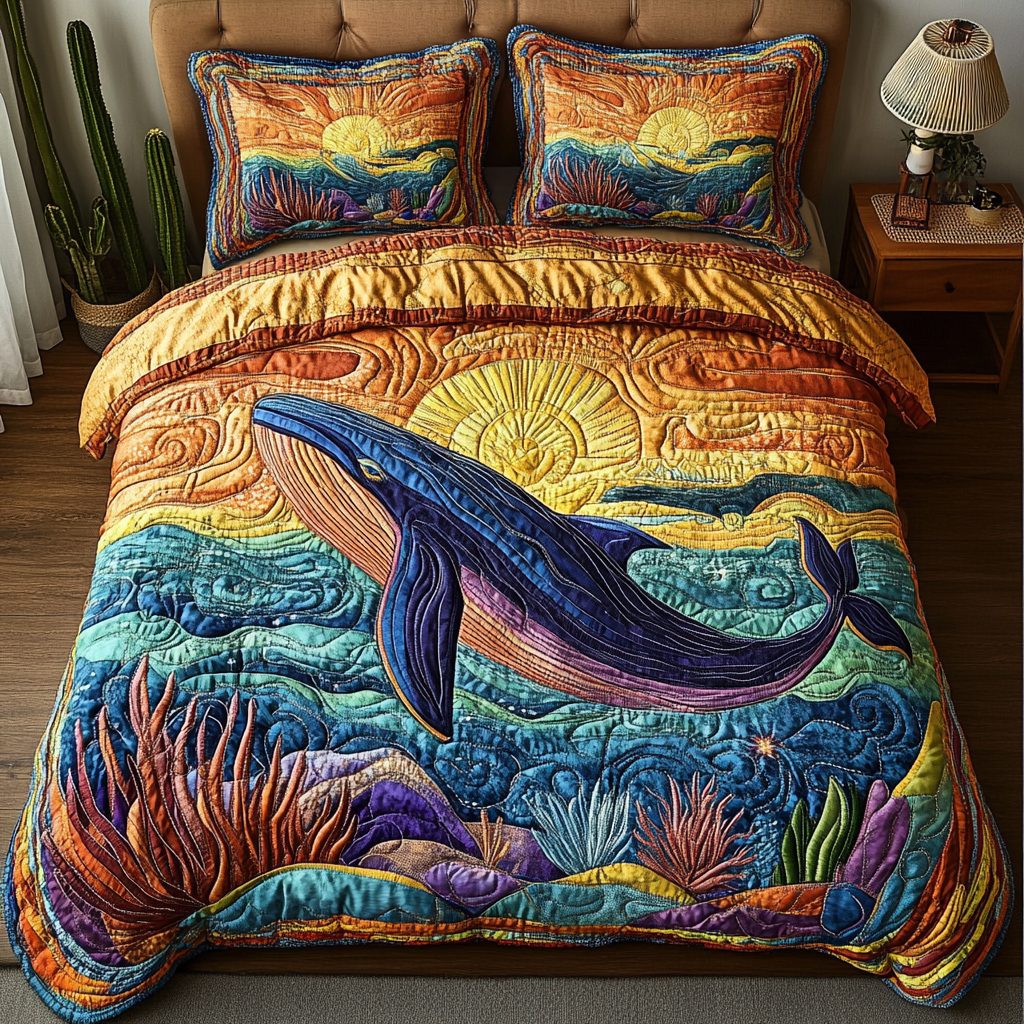 Whale Voyage quilted 3-piece bedding set on a made bed in a light coastal bedroom