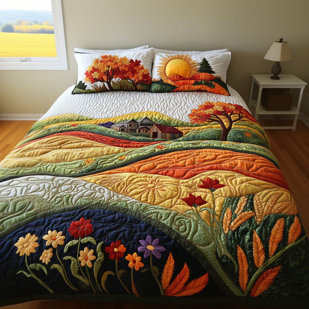 Wheat Breeze quilted 3-piece bedding set on a made bed with two matching pillow shams