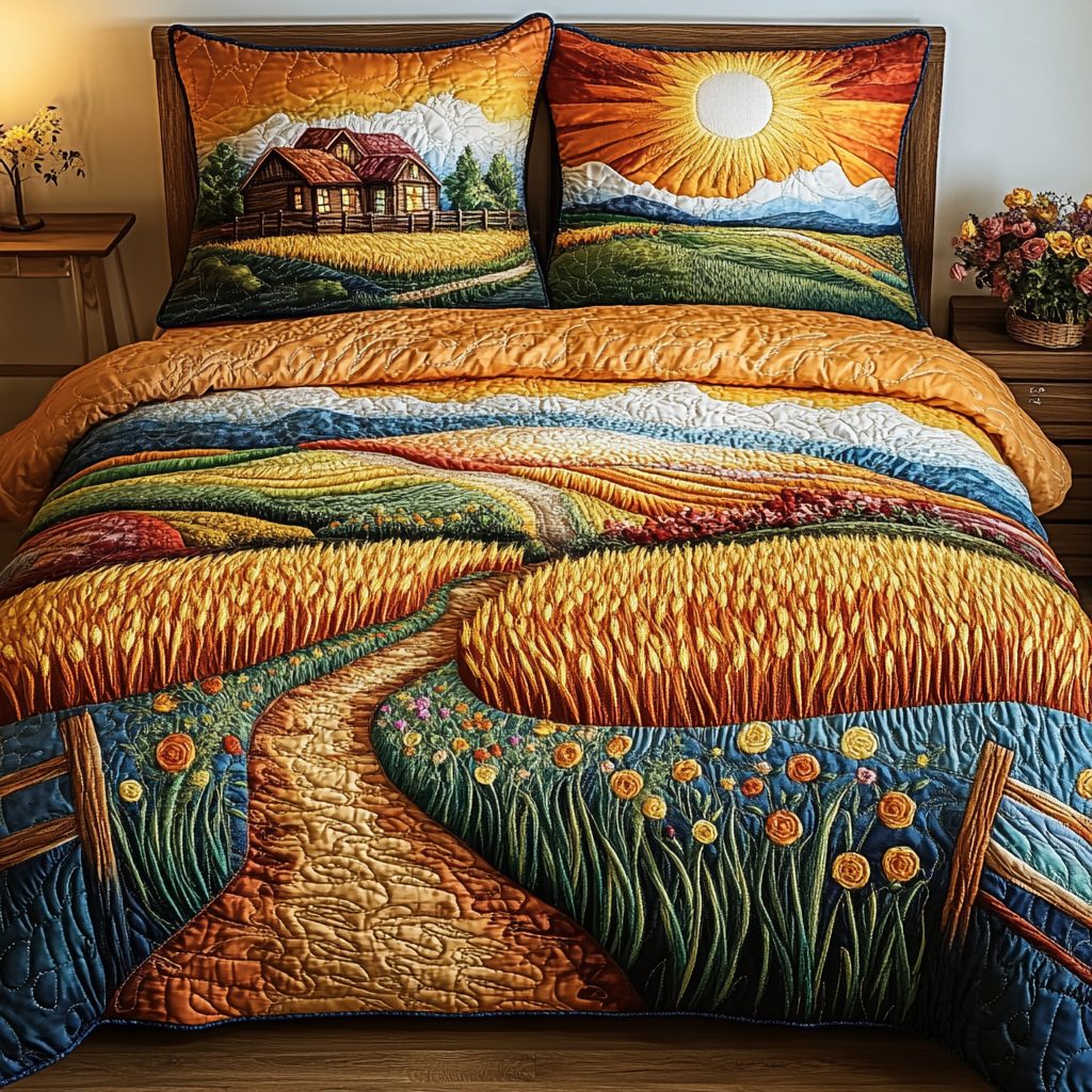 Wheat Dream quilted 3-piece bedding set on a made bed with two matching pillow shams
