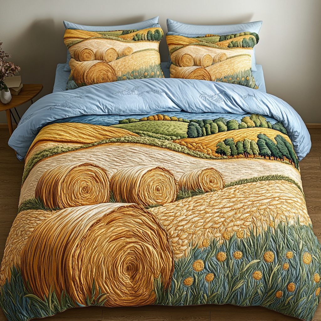 Wheat Haven quilted 3-piece bedding set on a made bed with two matching pillow shams