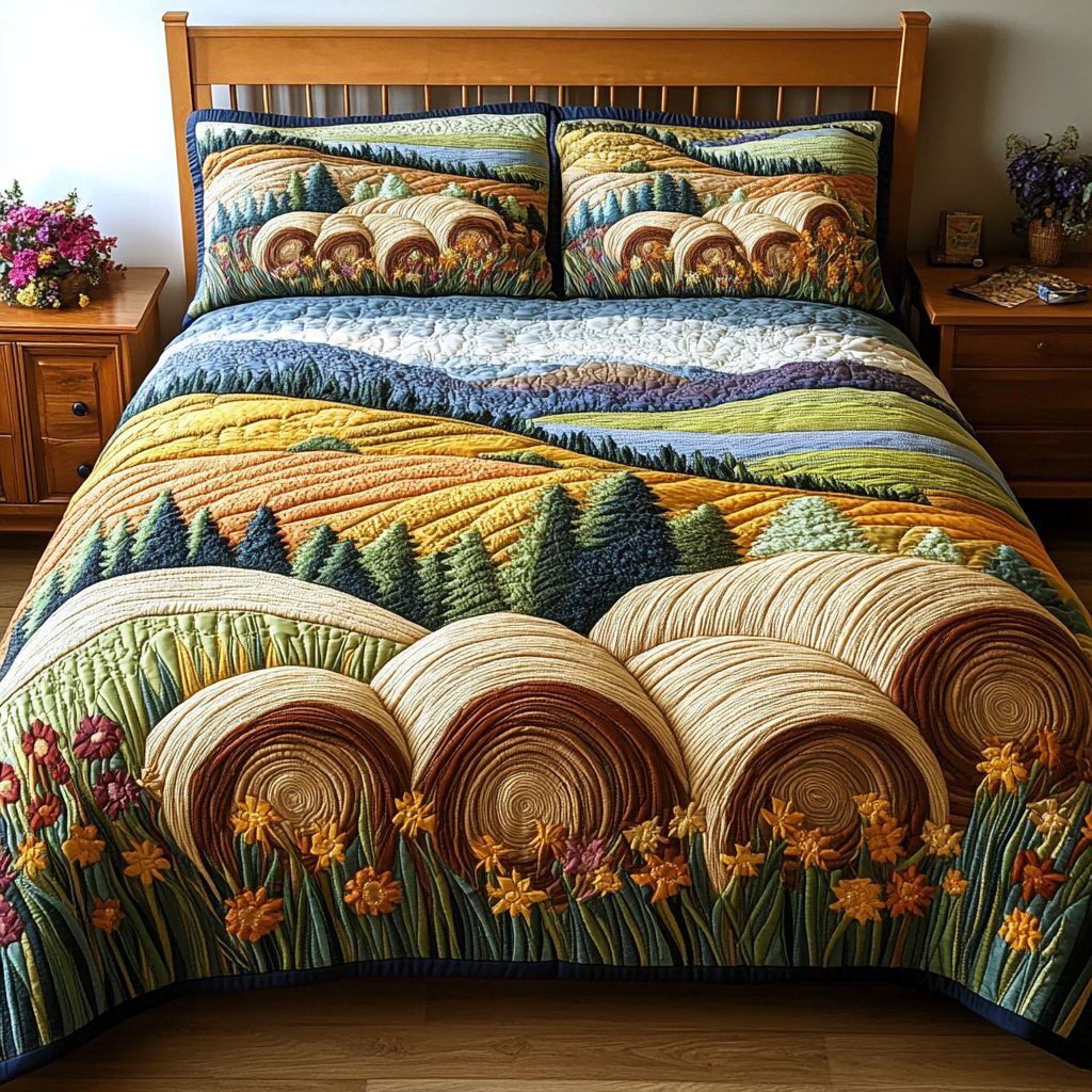 Wheat Meadow quilted 3-piece bedding set on a made bed with two matching pillow shams