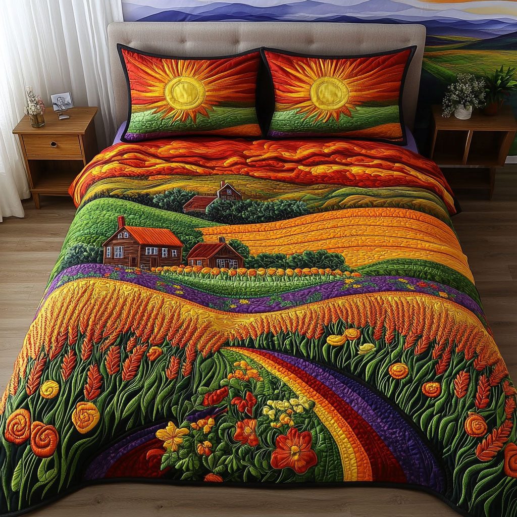 Wheat Meadows quilted 3-piece bedding set on a made bed with two matching pillow shams