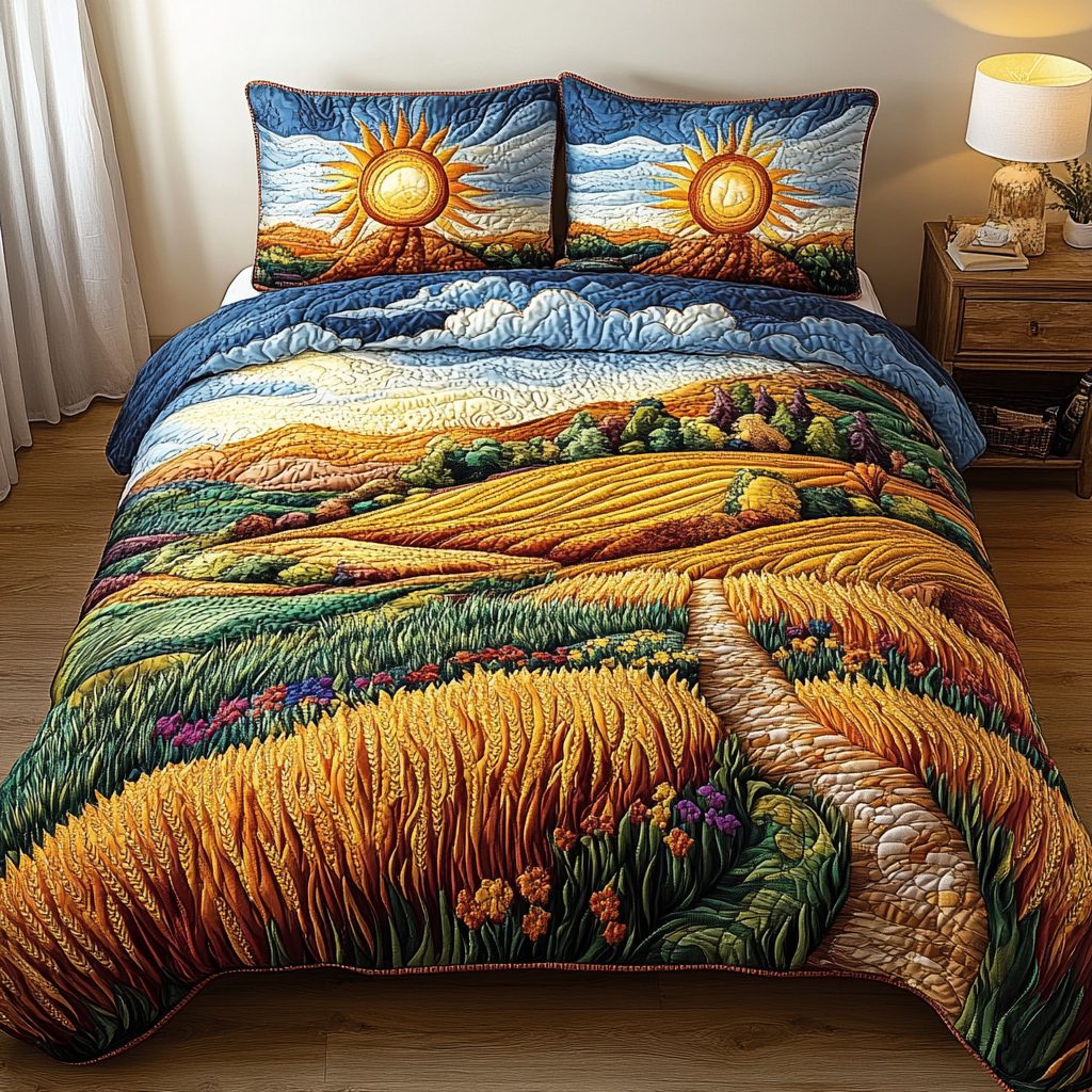 Wheat Valley quilted 3-piece bedding set on a made bed with two matching pillow shams