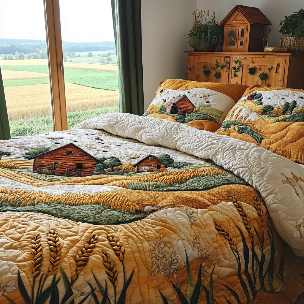 Wheat Whispers quilted 3-piece bedding set on a made bed with two matching pillow shams