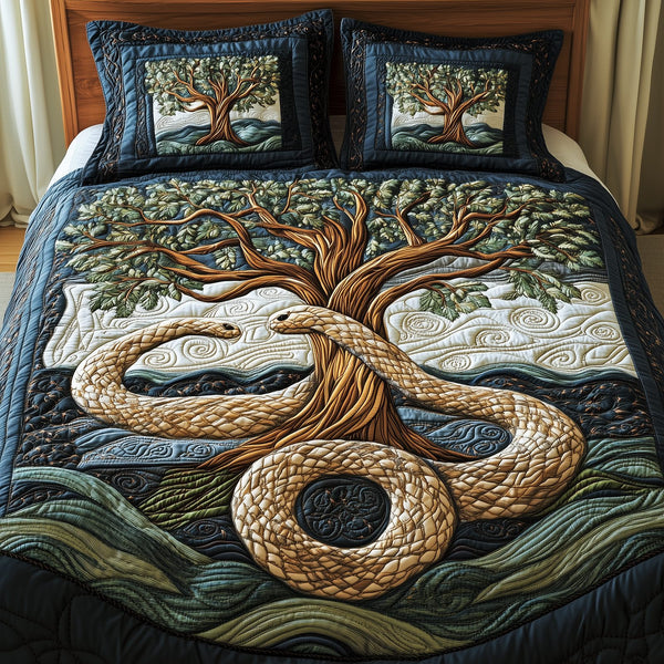 Wheel Of Eternity quilted 3-piece bedding set on a made bed with two matching pillow shams
