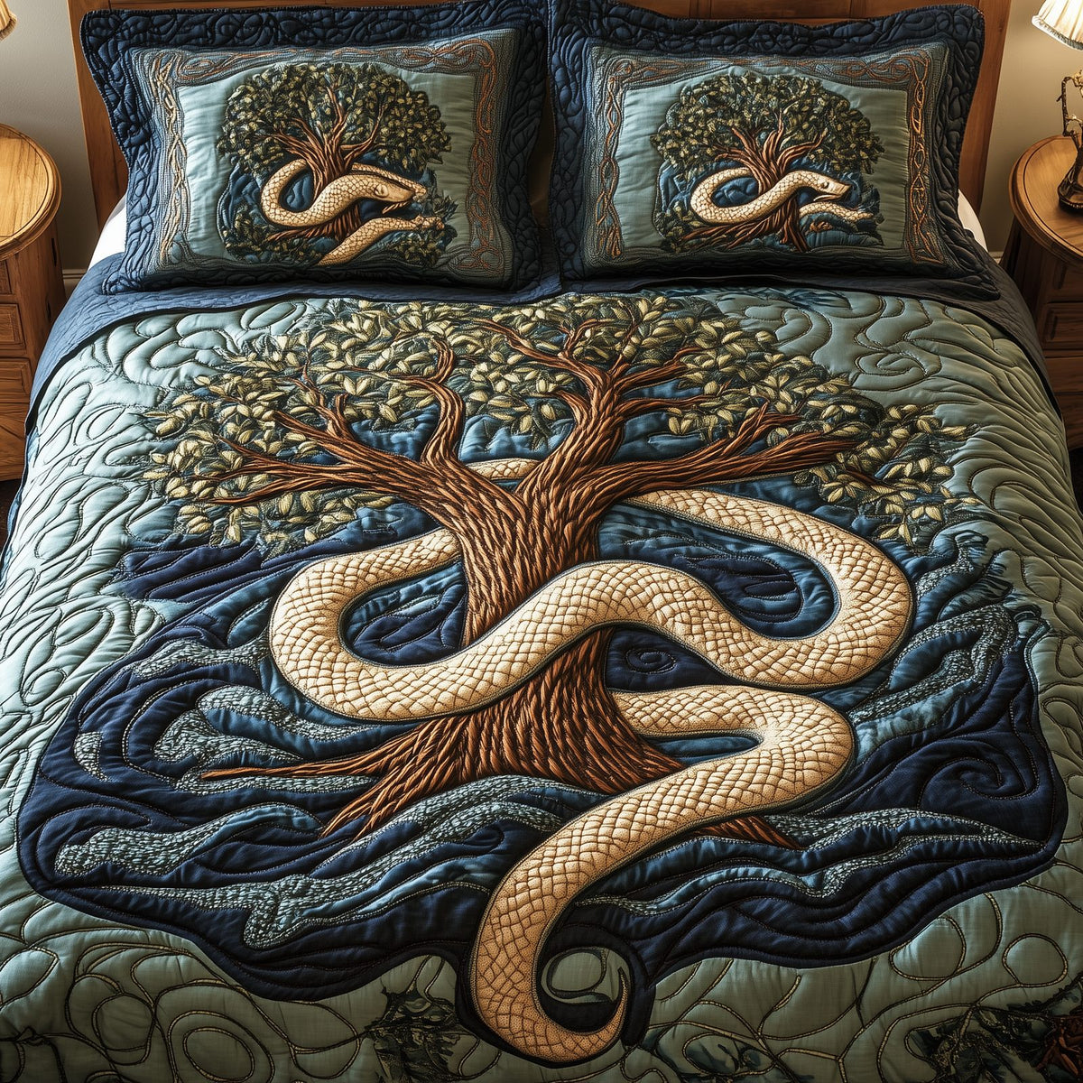 Wheel Of Eternity quilted 3-piece bedding set on a made bed with two matching pillow shams