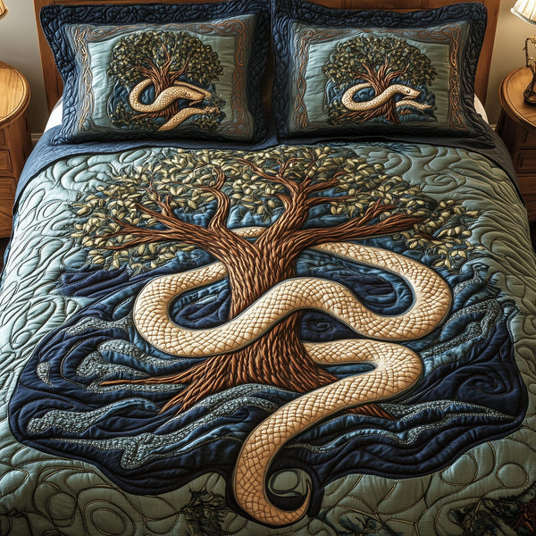Wheel Of Eternity quilted 3-piece bedding set on a made bed with two matching pillow shams