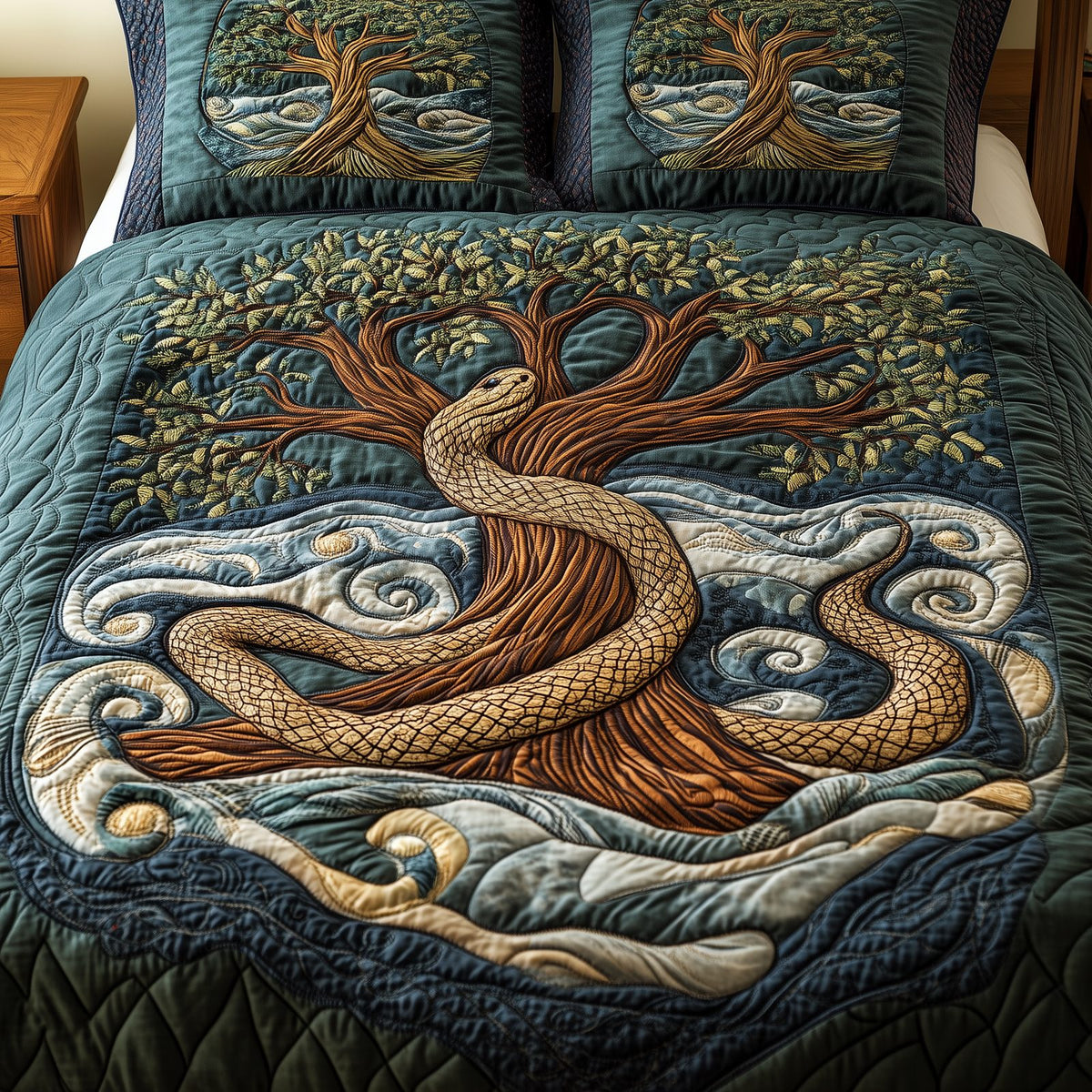 Wheel Of Eternity quilted 3-piece bedding set on a made bed with two matching pillow shams