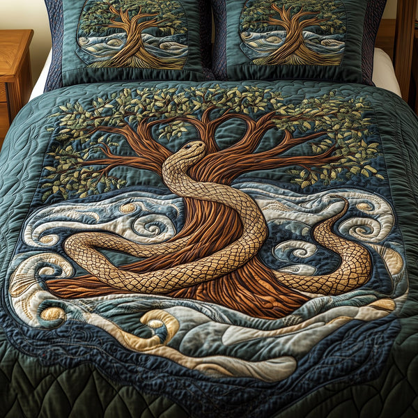 Wheel Of Eternity quilted 3-piece bedding set on a made bed with two matching pillow shams