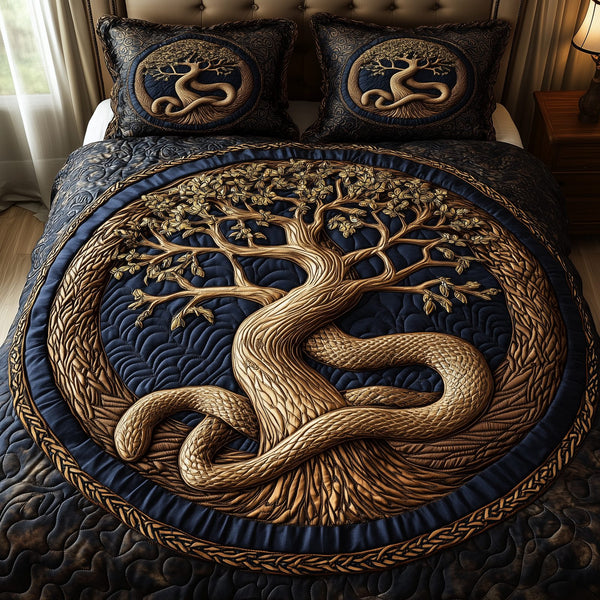 Wheel Of Eternity quilted 3-piece bedding set on a made bed with two matching pillow shams
