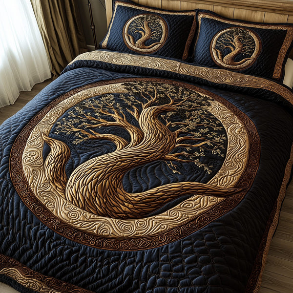 Wheel Of Eternity quilted 3-piece bedding set on a made bed with two matching pillow shams