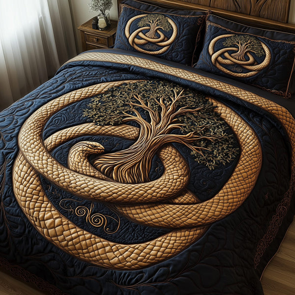 Wheel Of Eternity quilted 3-piece bedding set on a made bed with two matching pillow shams