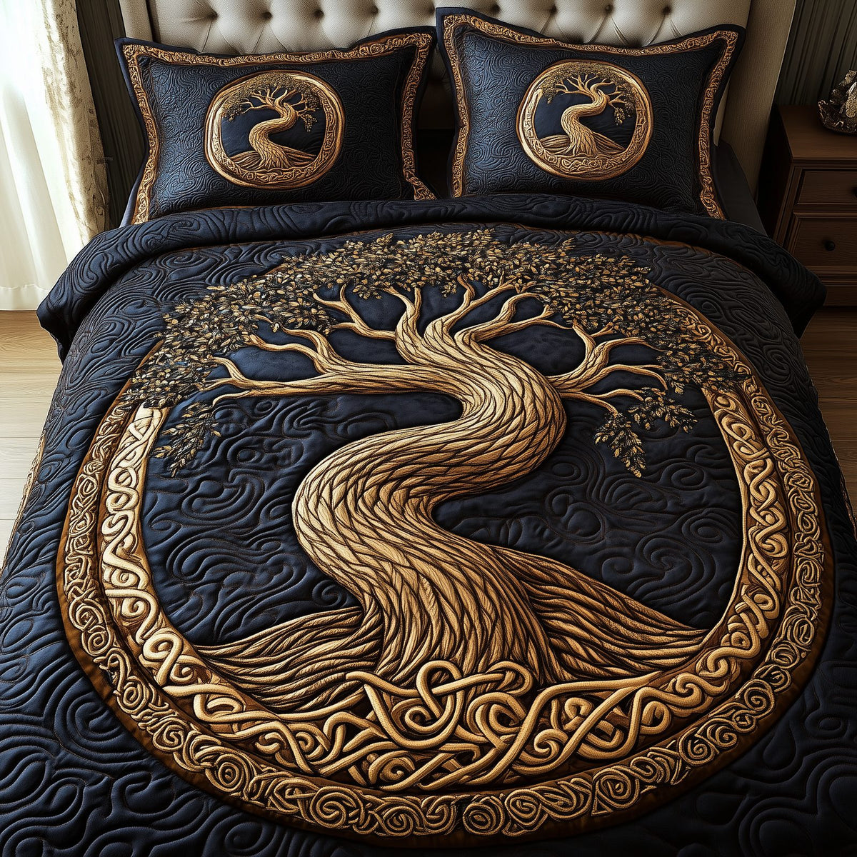 Wheel Of Eternity quilted 3-piece bedding set on a made bed with two matching pillow shams