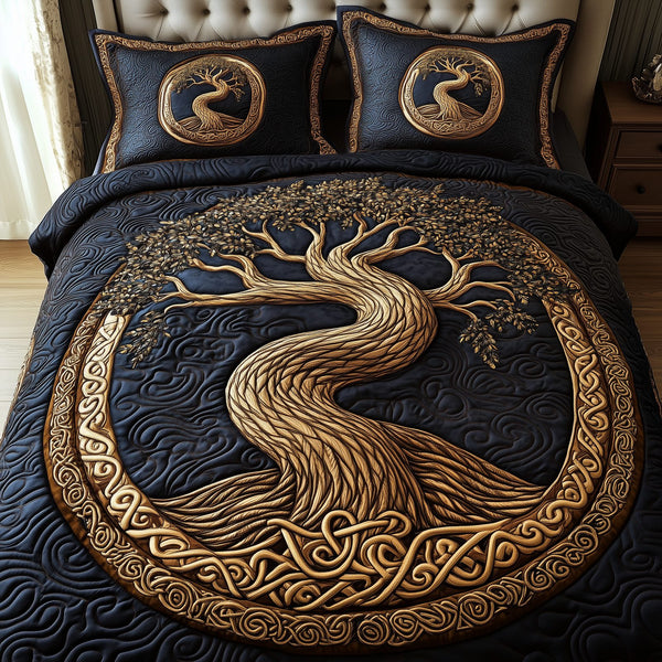 Wheel Of Eternity quilted 3-piece bedding set on a made bed with two matching pillow shams