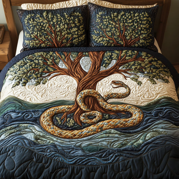 Wheel Of Eternity quilted 3-piece bedding set on a made bed with two matching pillow shams