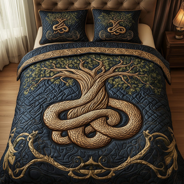 Wheel Of Eternity quilted 3-piece bedding set on a made bed with two matching pillow shams