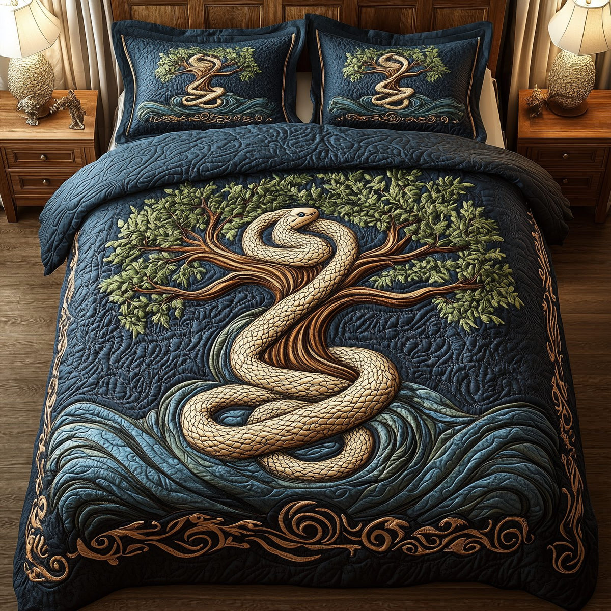 Wheel Of Eternity quilted 3-piece bedding set on a made bed with two matching pillow shams
