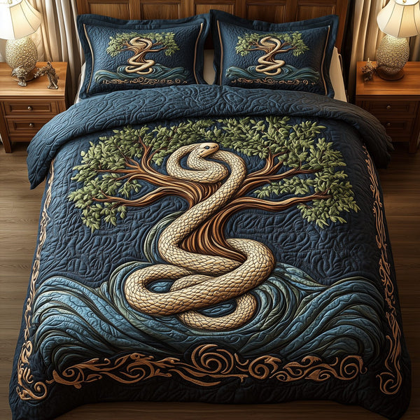 Wheel Of Eternity quilted 3-piece bedding set on a made bed with two matching pillow shams