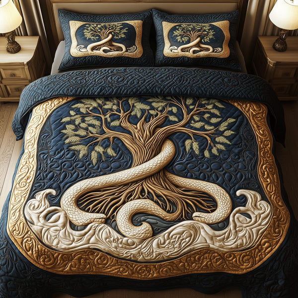 Wheel Of Eternity quilted 3-piece bedding set on a made bed with two matching pillow shams