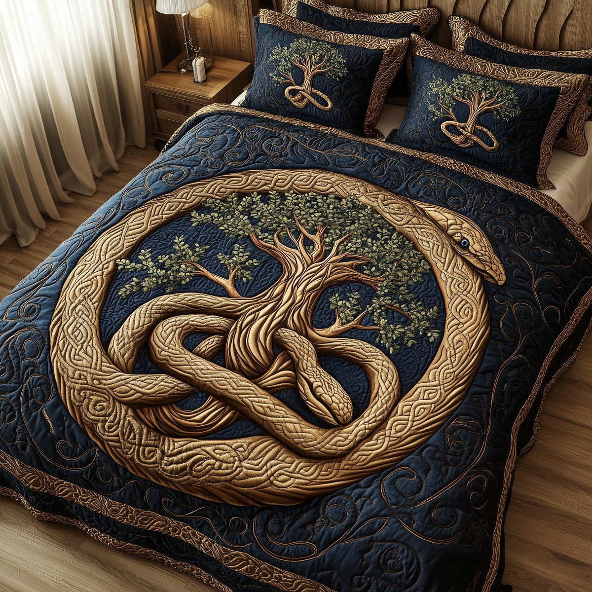 Wheel Of Eternity quilted 3-piece bedding set on a made bed with two matching pillow shams