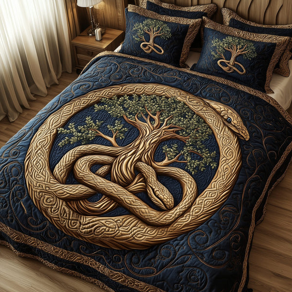Wheel Of Eternity quilted 3-piece bedding set on a made bed with two matching pillow shams