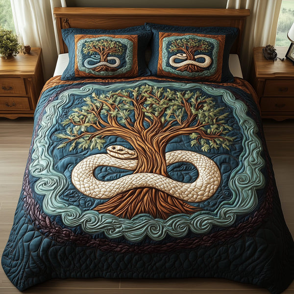 Wheel Of Eternity quilted 3-piece bedding set on a made bed with two matching pillow shams