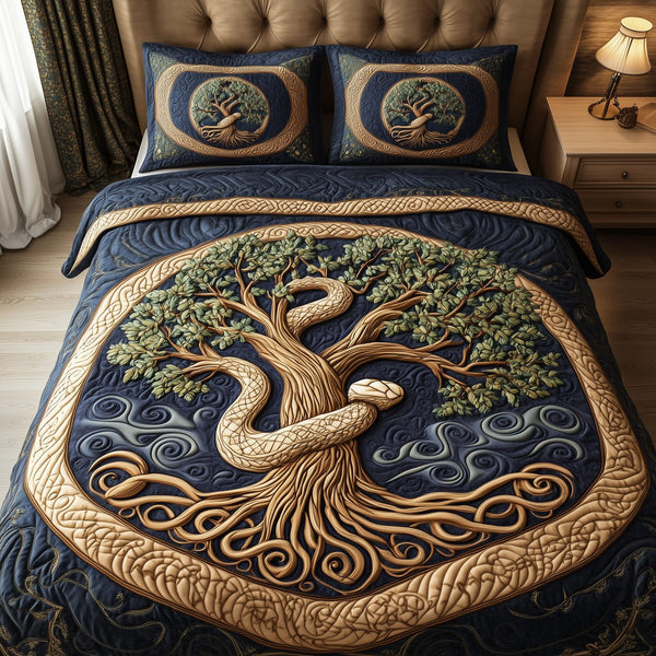 Wheel Of Eternity quilted 3-piece bedding set on a made bed with two matching pillow shams
