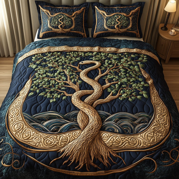 Wheel Of Eternity quilted 3-piece bedding set on a made bed with two matching pillow shams