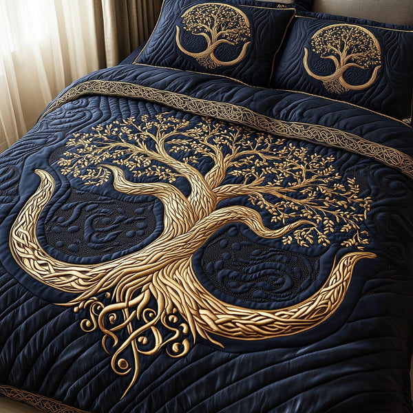 Wheel Of Eternity quilted 3-piece bedding set on a made bed with two matching pillow shams