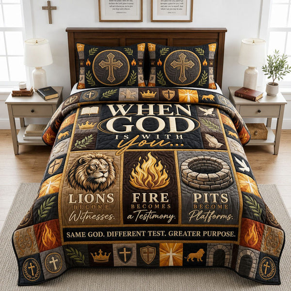 When God Is With You quilted 3-piece bedding set on a made bed in a softly lit bedroom