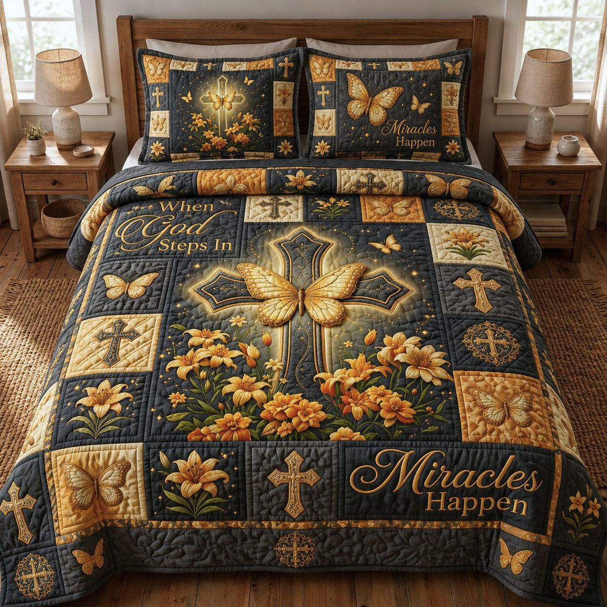 When God Steps In Miracles Happen quilted 3-piece bedding set on a made bed in a softly lit bedroom