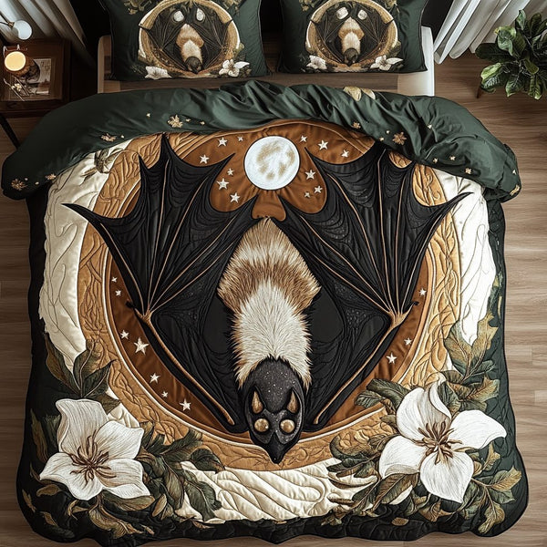 Whimsical Bats quilted 3-piece bedding set on a made bed against a dark styled interior