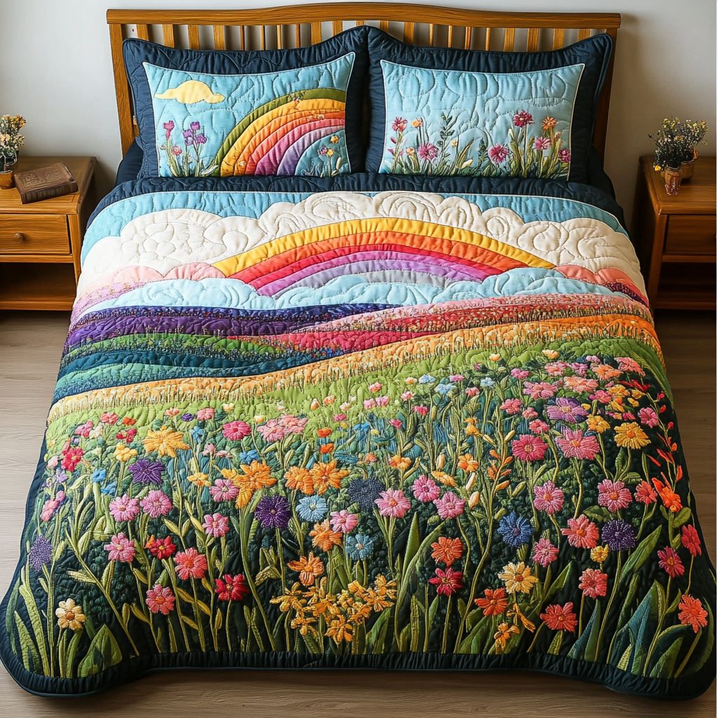 Whimsical Blooms quilted 3-piece bedding set on a made bed with two matching pillow shams