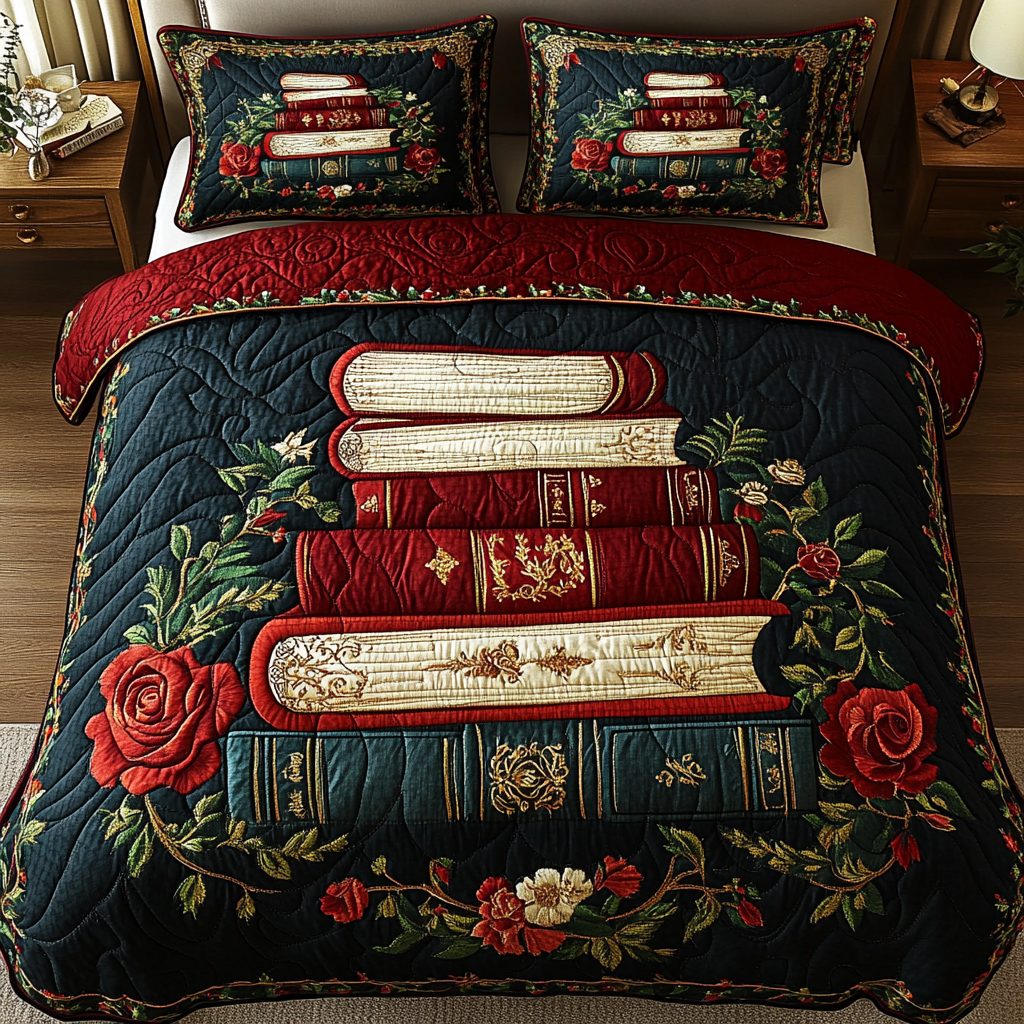 Whimsical Bookshelf quilted 3-piece bedding set on a made bed with two matching pillow shams