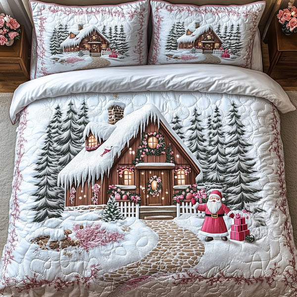 Whimsical Cabin quilted 3-piece bedding set on a made bed with two matching pillow shams